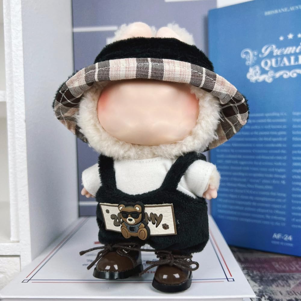 17cm Clothes Set, Cute Hat Unique Pocket Design Overalls Dress up Set(NO Doll), Handmade Clothing Designed for 17cm Doll (Black Set)