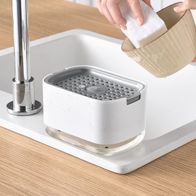 Image of Kitchen Dish Soap Dispenser with Sponge Holder, 2-in-1 Countertop Soap Pump Dispenser, Soap Dispenser for Kitchen Sink with 2-Packs Wire Dishwashing Rag,White
