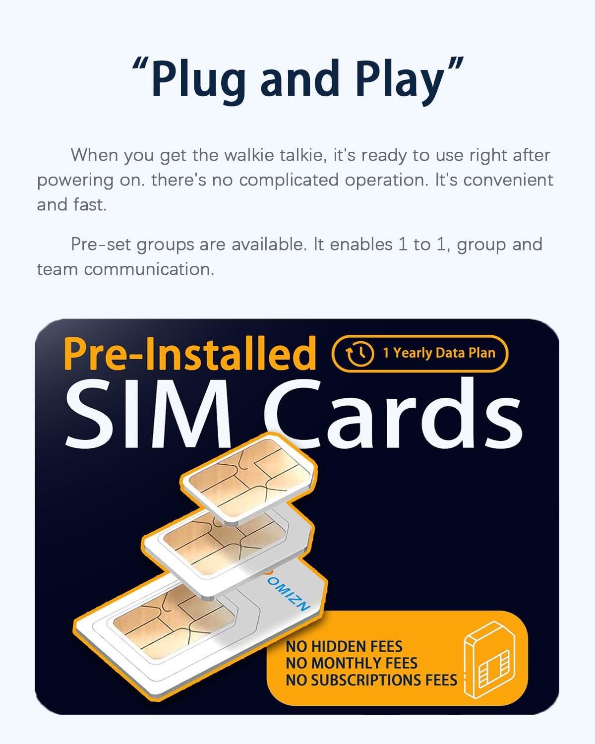 Illustration of pre-installed SIM cards for the OMIZN M9 Walkie Talkie, emphasizing no hidden fees or subscriptions for the first year.