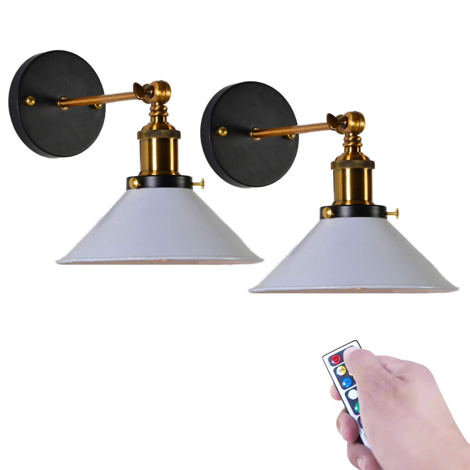 GLING 2 Pack Vintage Wall Light, Battery-powered Wireless Remote Control Color Changing Light, Adjustable Industrial Wall Lamps for Restaurant Galleries Aisle Kitchen Room Doorway (Color : White)