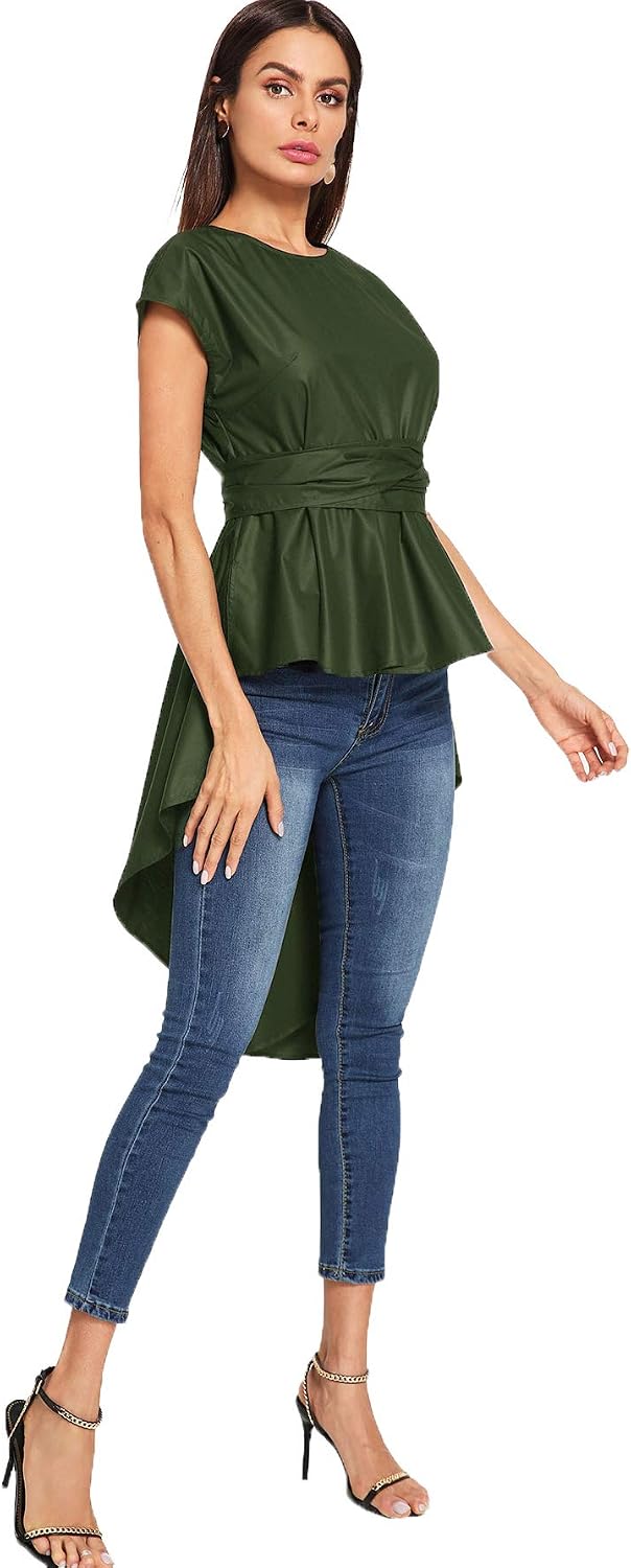 Romwe Women's Asymmetrical High Low Ruffle Blouse Self Tie Split Back Party Tops Army Green Small
