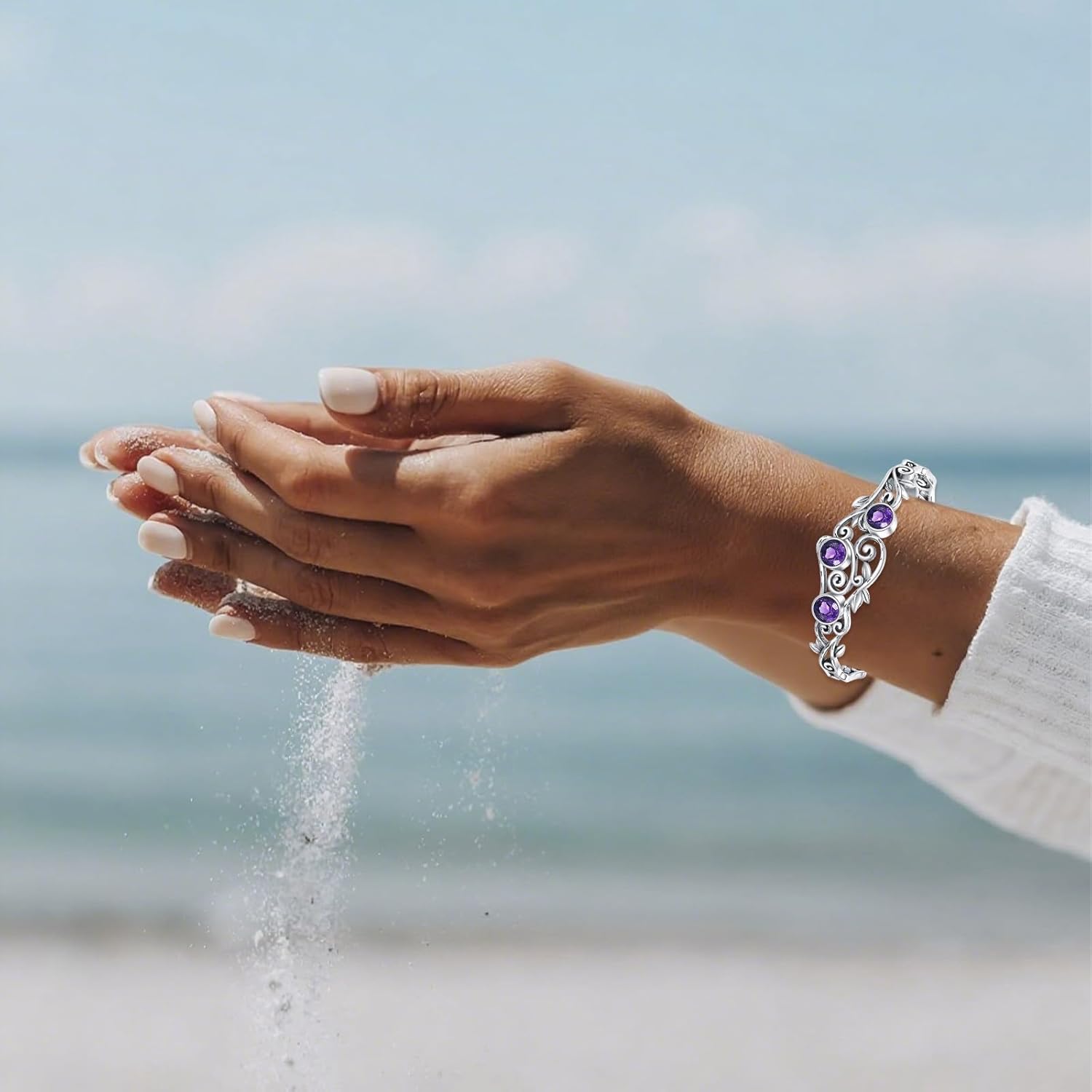 Three Amethysts Vine Cuff Bracelet Sterling Silver Adjustable Bohemian Bangle, February Birthstone Gift for Her Purple Crystal Healing Jewelry