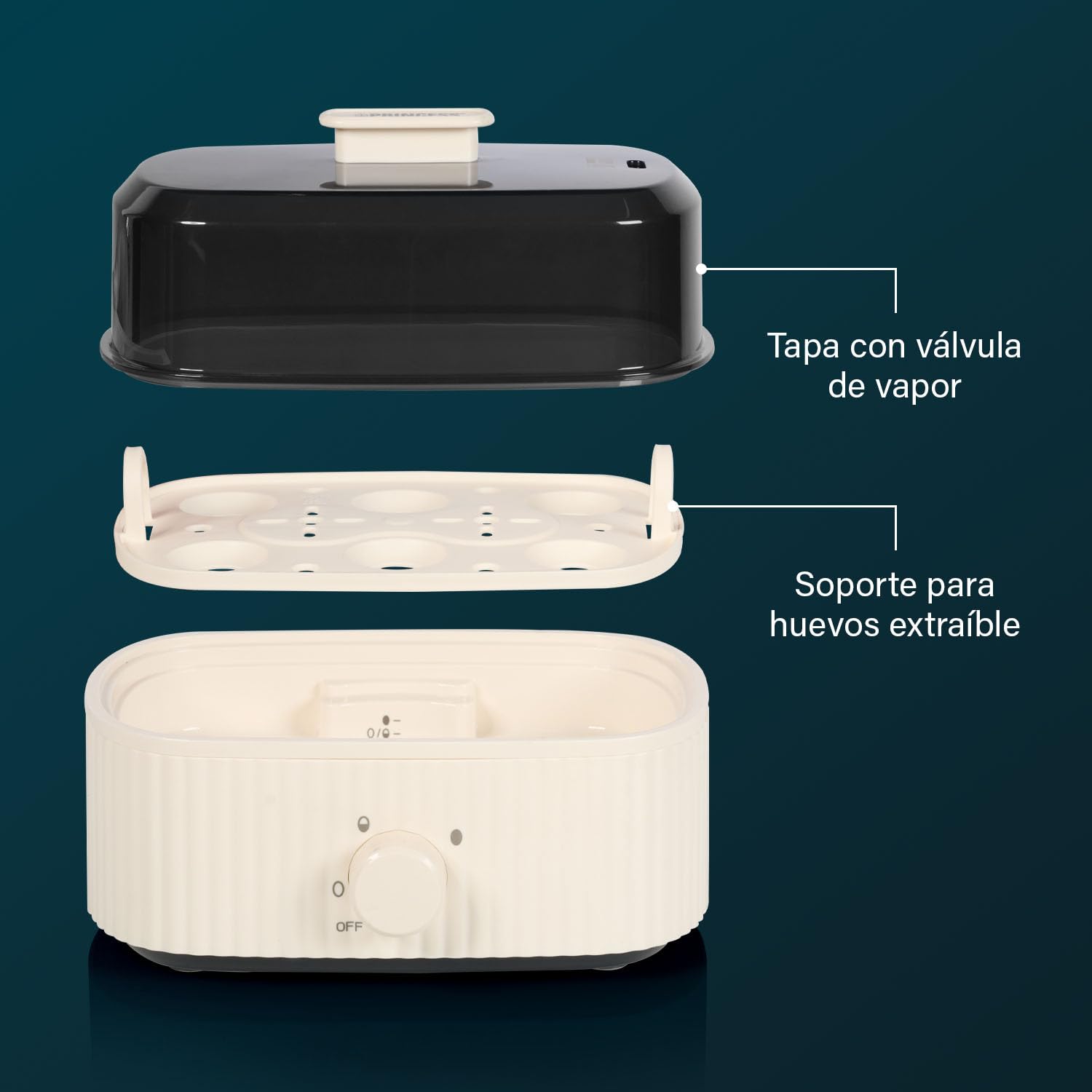 Princess Hervidor de Huevos, Capacidad 6 Huevos, 300W, Medidor para Cocción Suave/Media/Dura, Apagado Automático, Libre de BPA, Tapa con Vapor, Fácil de Limpiar, 262047