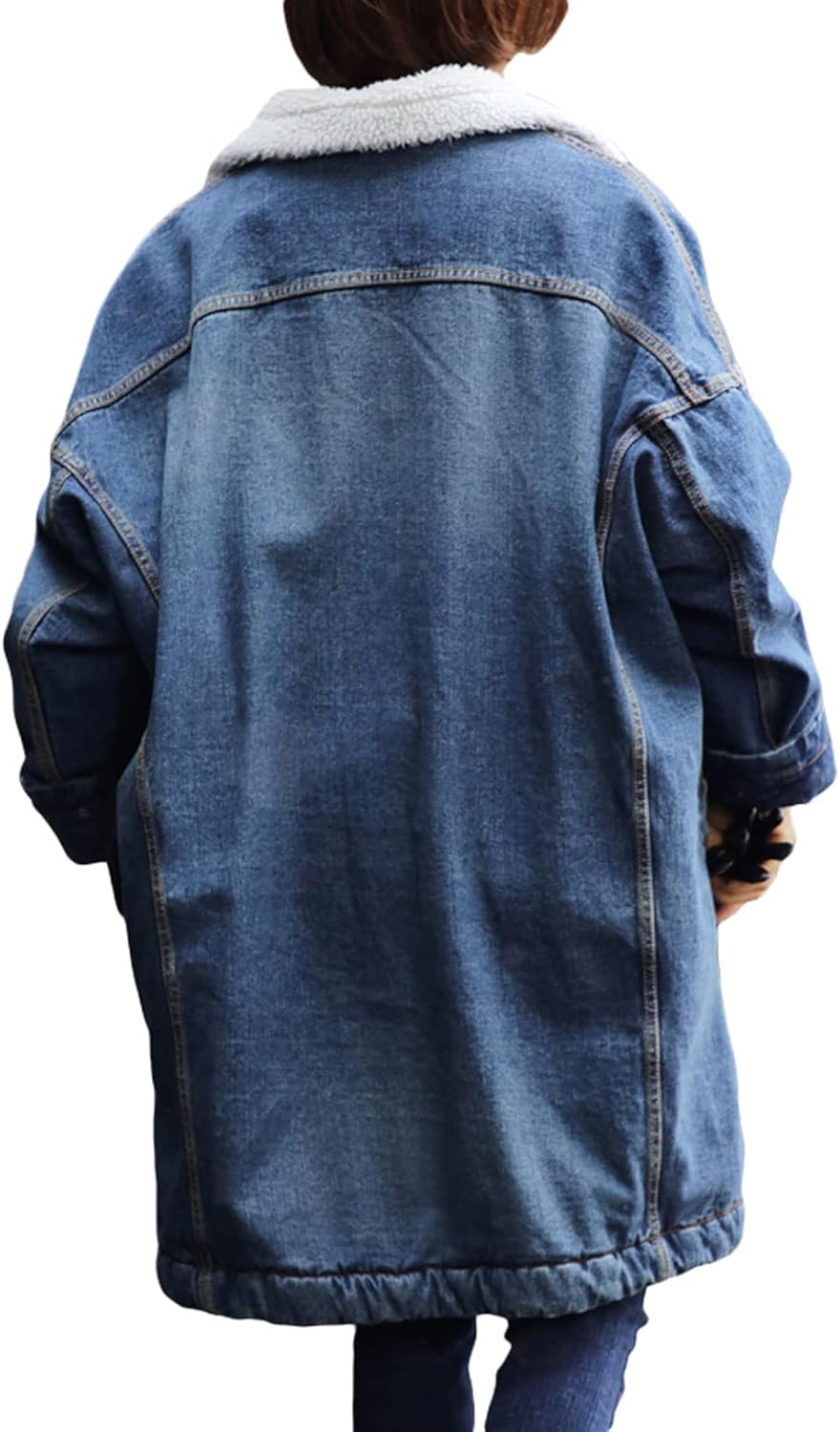 CHARTOU Women's Thick Fleece Lined Button Down Mid Long Quilted Denim Jacket Overcoat - Image 2