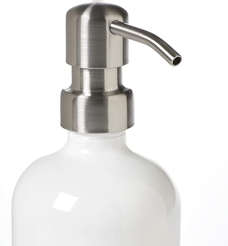 Miniatura 2 de Dispensador de jabón blanco con bomba de metal inoxidable, tarro de vidrio de 16 onzas para jabón líquido, loción o champú (blancoinoxidable)