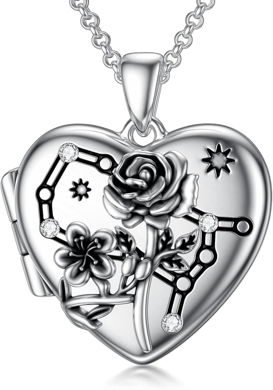 SOULMEET Heart Birth Flowers Zodiac Locket Necklace That Holds Picture Sterling Silver Personalized Various Months Constellation Photo Locket Gift for Loved Ones' Birthday Lucky Horoscope