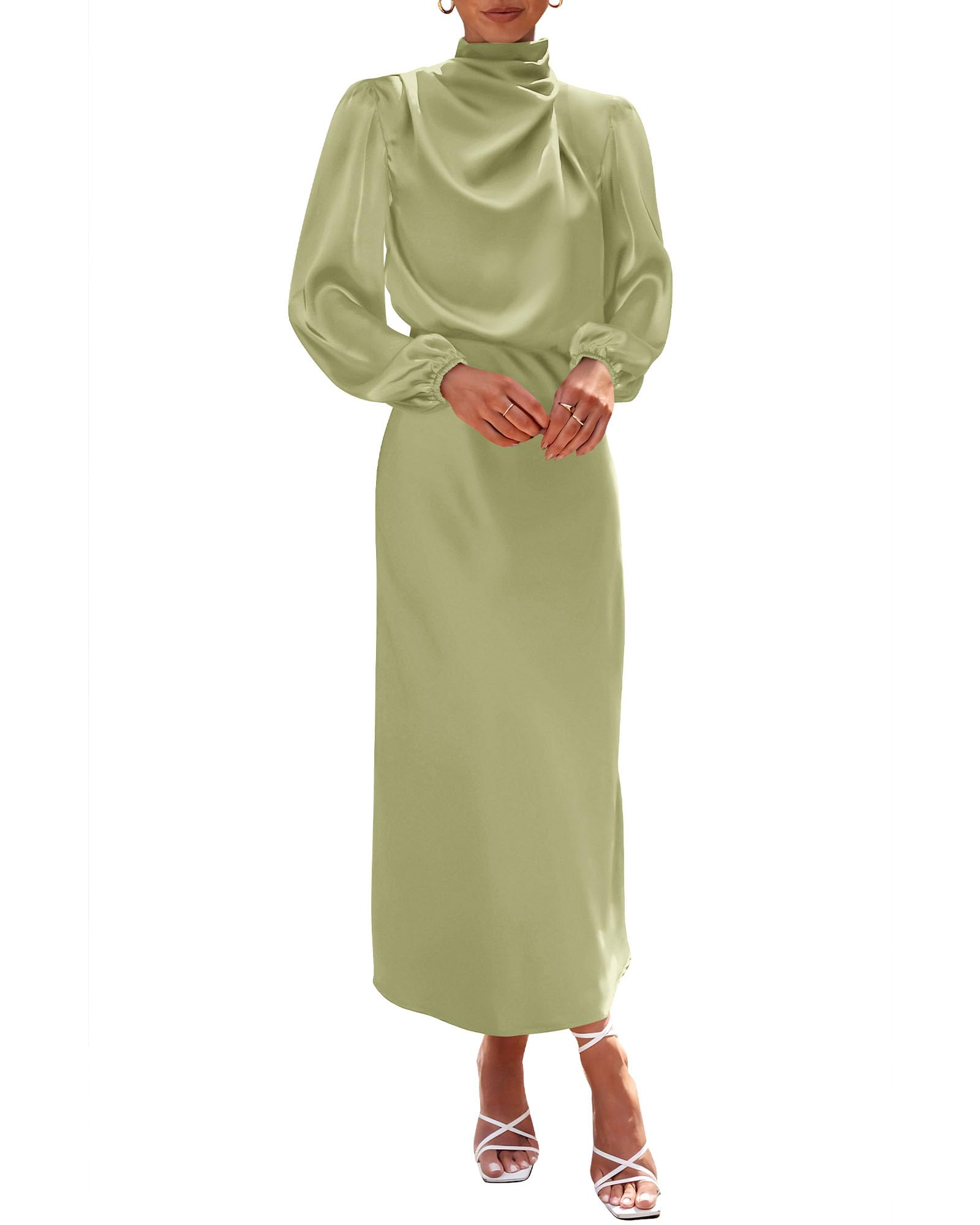BTFBMWomens Mock Neck Satin Dress Summer Fall 2025 Long Sleeve High Waist Formal Wedding Party Maxi Cocktail Dresses