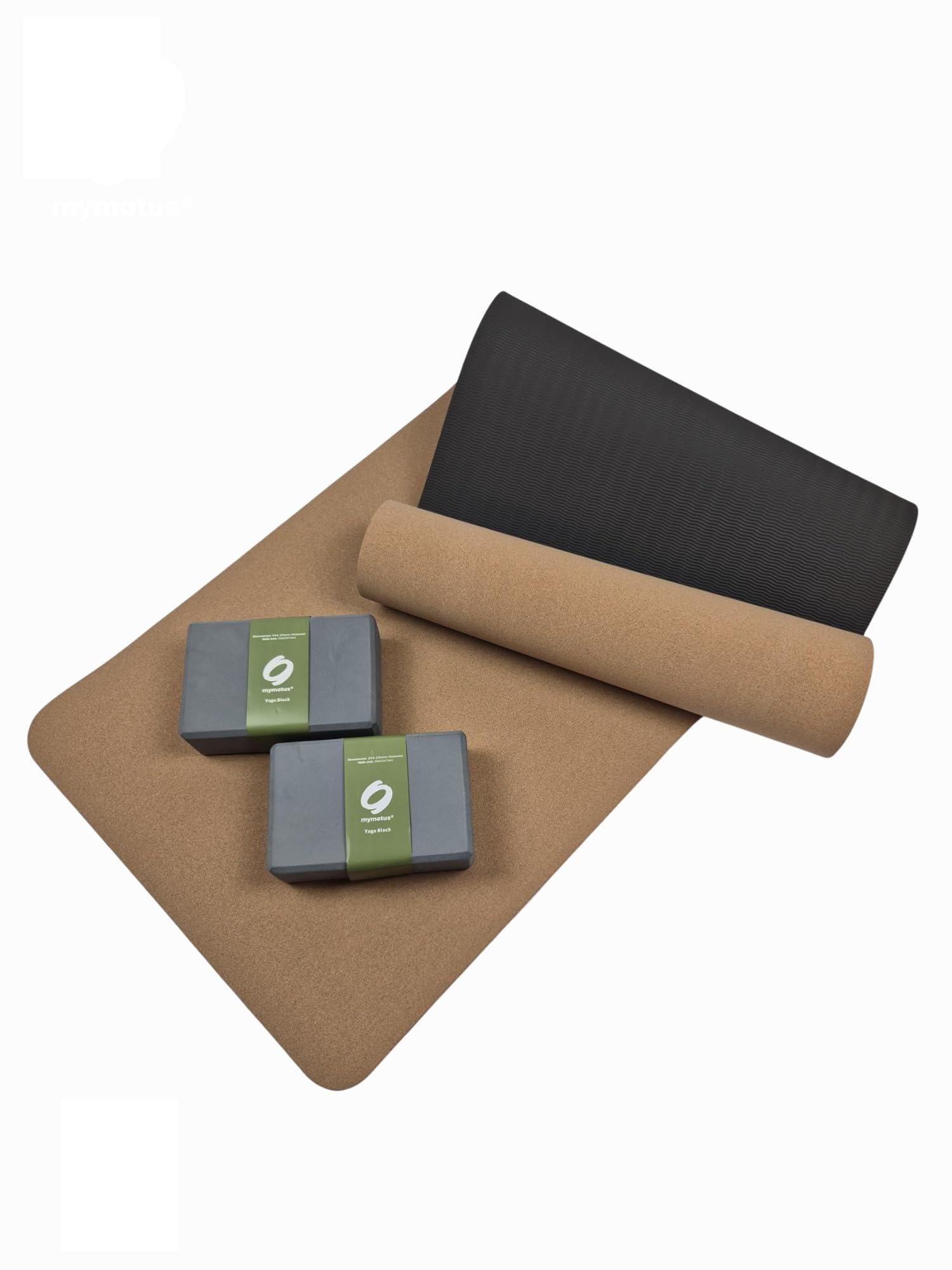 Yoga Set – Yogamatte aus Naturkork mit 2 Yoga Blöcken – Rutschfestes Yoga Zubehör für Pilates, Fitness, Meditation und Home Workout inkl. Tragegurt – schadstofffrei