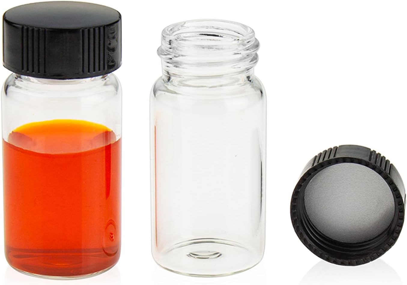 PEKYBIO Clear Glass Sample Vial, Liquid Sampling Sample Glass Bottle, 20ml(0.7OZ) Capacity, Storage Vial 27.5mm.I.D. 57mm, 24-400 Thread Black Closed Top Screw Cap,PE Liner, Pack of 100