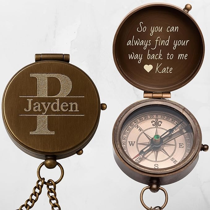 Brújula de bolsillo personalizada de latón – regalo grabado para hombres, recuerdo antiguo personalizado para hijo, esposo, novio o papá miniatura 3