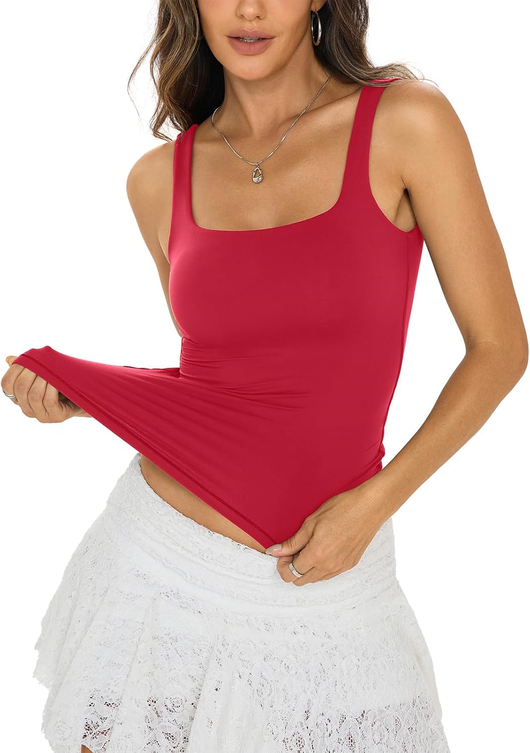 Womens Padded Double Lined Tank Tops Square Neck Built in Bra Crop Tops Low Back Fitted Sleeveless Summer Outfits - Image 5