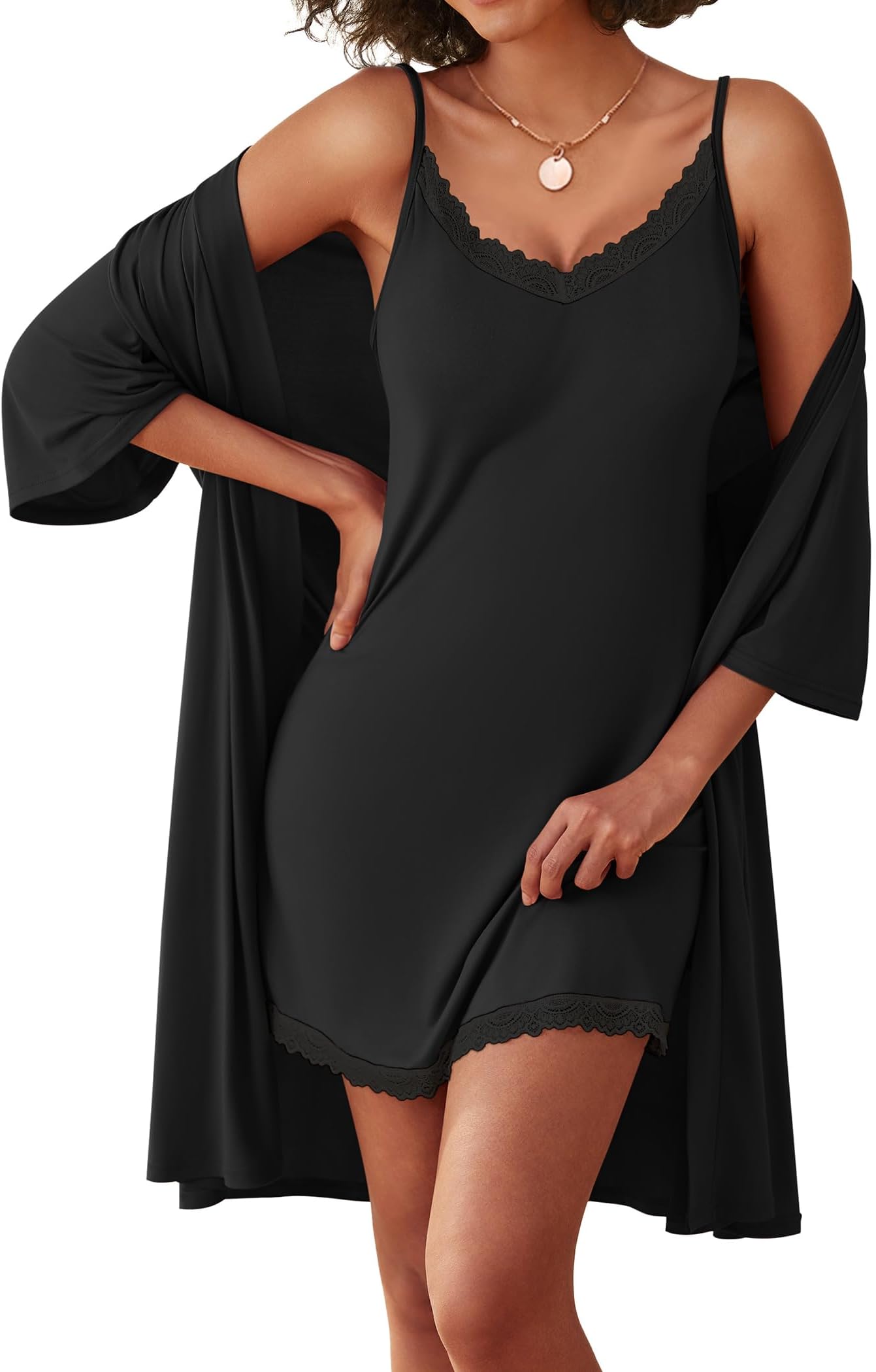 EkouaerRobes Womens Nightgown and Robe Set 2 Piece Sexy Lace Spaghetti Strap Lightweight Sleepwear with Pockets S-XXL