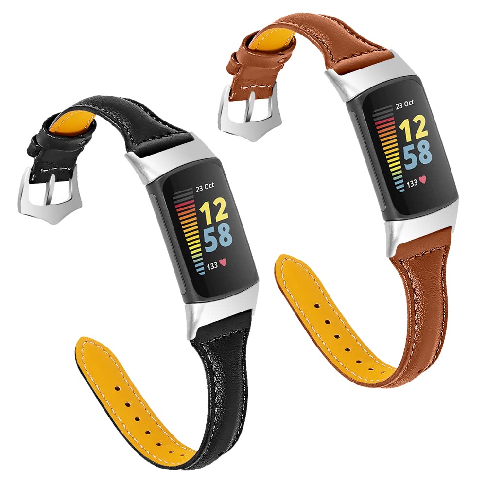Photo 1 of FitTurn Leather Bands for Fitbit Charge 6/5 (Black+Brown)