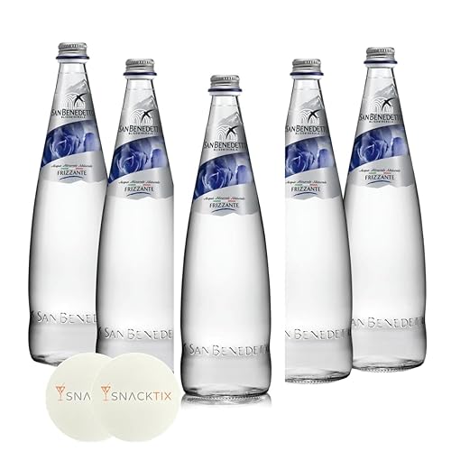 Agua con gas italiana San Benedetto en botellas de vidrio - 5 unidades de 16.9 fl oz, agua de glaciares prístinos con posavasos Snacktix incluido