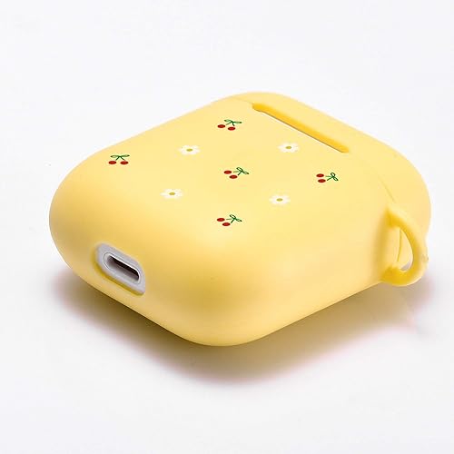 Miniatura 2 de Funda amarilla para AirPod 1 y 2 con llavero de mosquetón de anillo, bonita funda de cereza inalámbrica para auriculares inalámbricos, funda