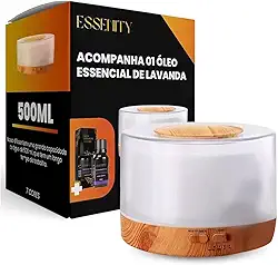 Difusor Elétrico Ultrassônico e 1 Óleo Essencial Lavanda 100% Puro 10 Ml - Umidificador De Ar Purificador De Ambientes, Ideal Para Escritório, Quarto, Sala Led 500 Ml (Madeira Clara) - ESSENITY