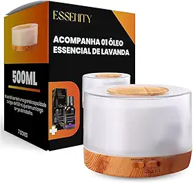 Difusor Elétrico Ultrassônico e 1 Óleo Essencial Lavanda 100% Puro 10 Ml - Umidificador De Ar Purificador De Ambientes, Ideal Para Escritório, Quarto, Sala Led 500 Ml (Madeira Clara) - ESSENITY