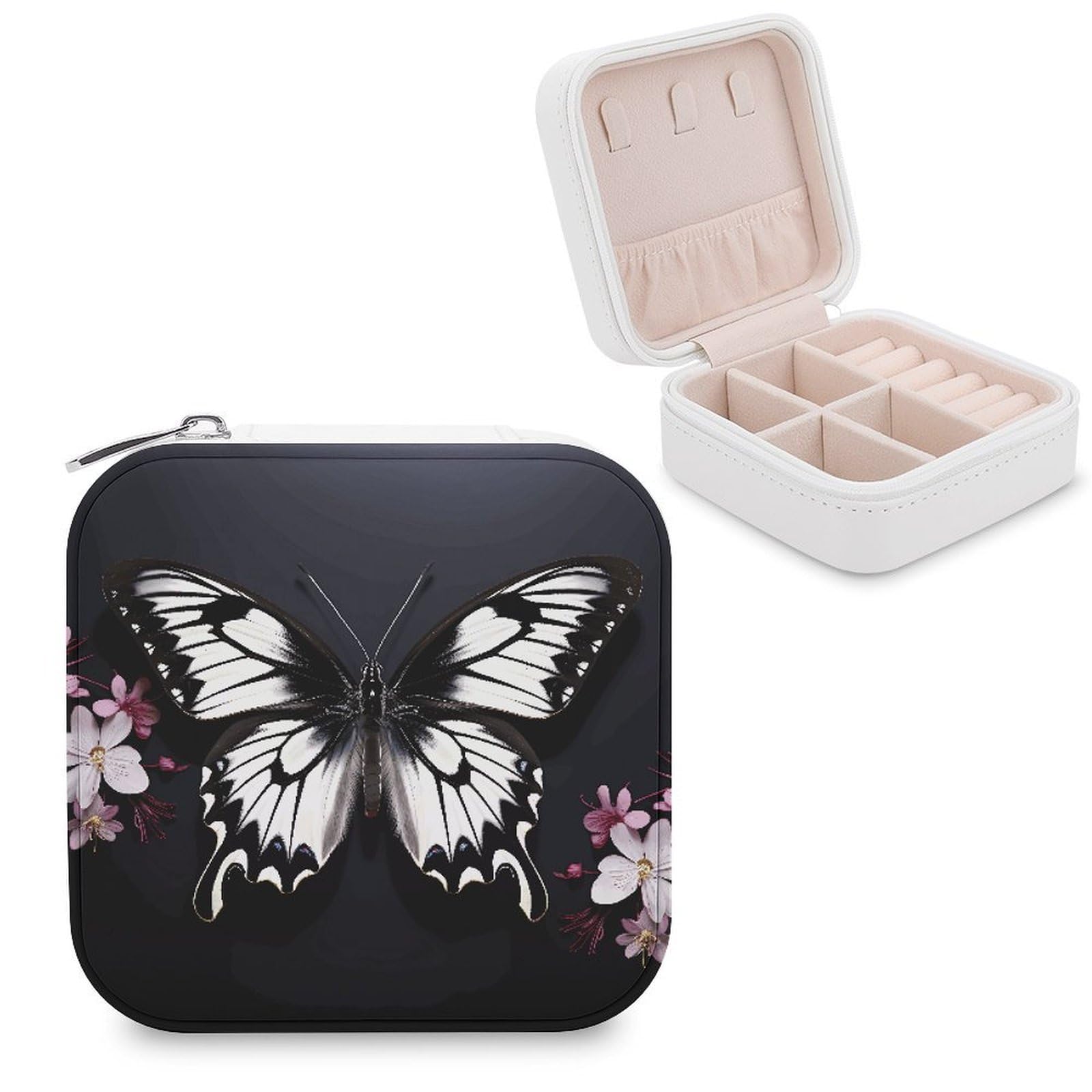 LZQPOEAS Black White Butterfly Jewelry Box Mini Jewelry Travel Case Trendy Stuff Ring Box Custom PU Leather Jewelry Boxes Portable Jewelry Case Earring Storage Organizer for Girls Women