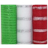 Christmas Decorative Mesh Rolls for Crafting Wreaths, Centerpieces, Displays, Table Drape and More, 5 Yards (3 Rolls, Red/Green/White)