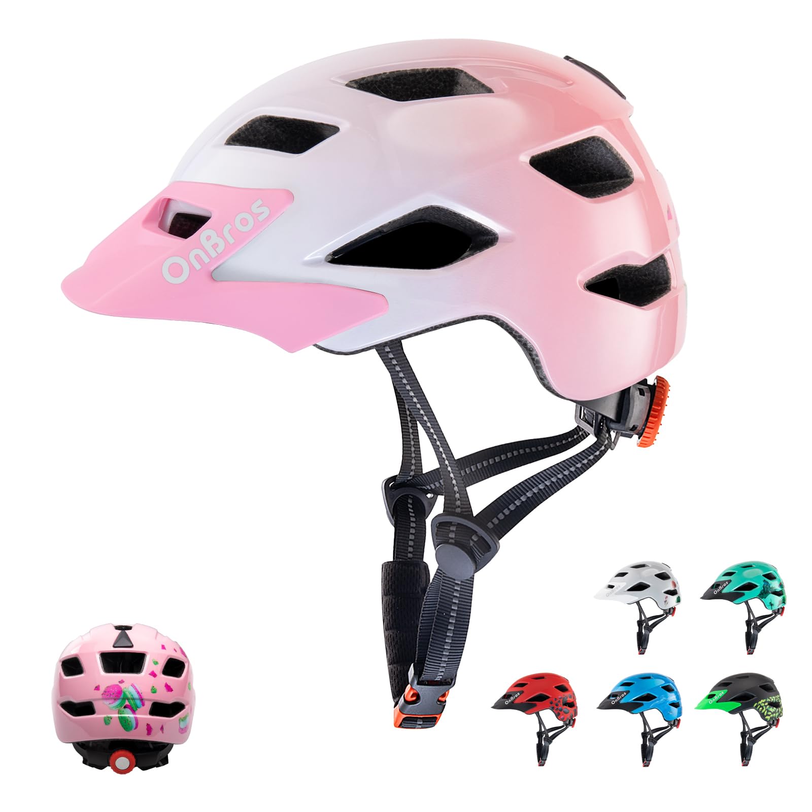 Kids Bike Helmet, OnBros Kid Helmets For Ages 5-8-11-14 Years Boys and Girls, Bicycle Helmets Kids With Visor Adjustable, Bicycle Scooter Skating Cycle Helmet (Pink Macaron-glossy) — image 1