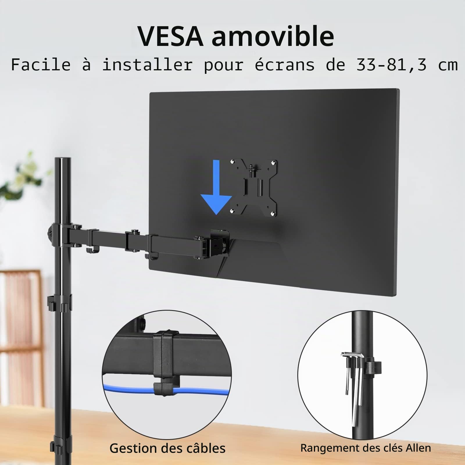 suptek Support Ecran PC pour Écran LCD/LED 13-32 Pouces, Bras pour Moniteurs d'ordinateur avec Poteau de 80 cm, Hauteur Réglable Inclinaison et Pivotant Rotation VESA 75/100 mm jusqu'à 10kg (MD6821)