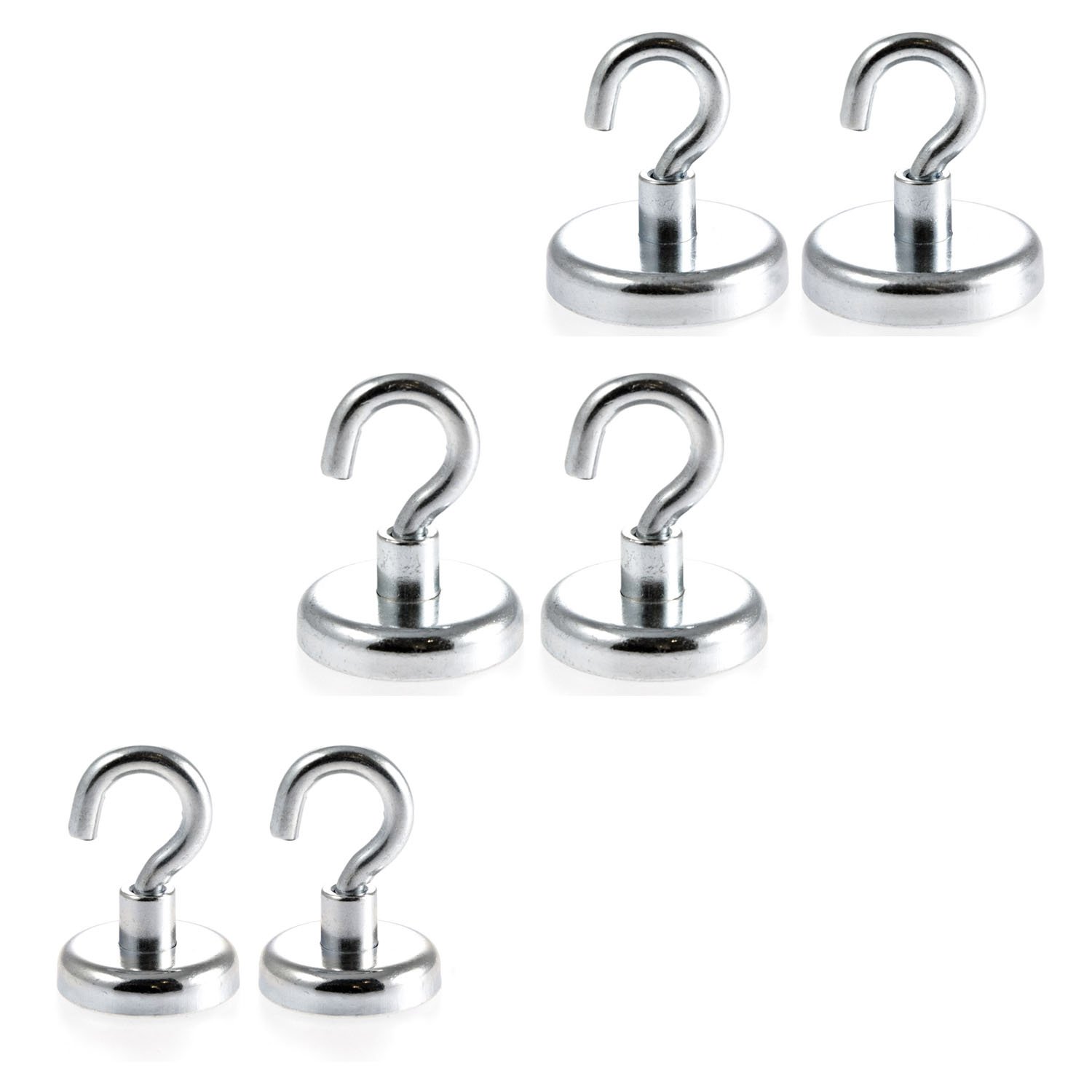 Set con 6 ganchos de neodimio Imanes N35 | muy potente por dos pieza gancho magnético 32, 36 & 42 mm de diámetro, fuerza de sujeción 34, 41 & 68 kilogramos