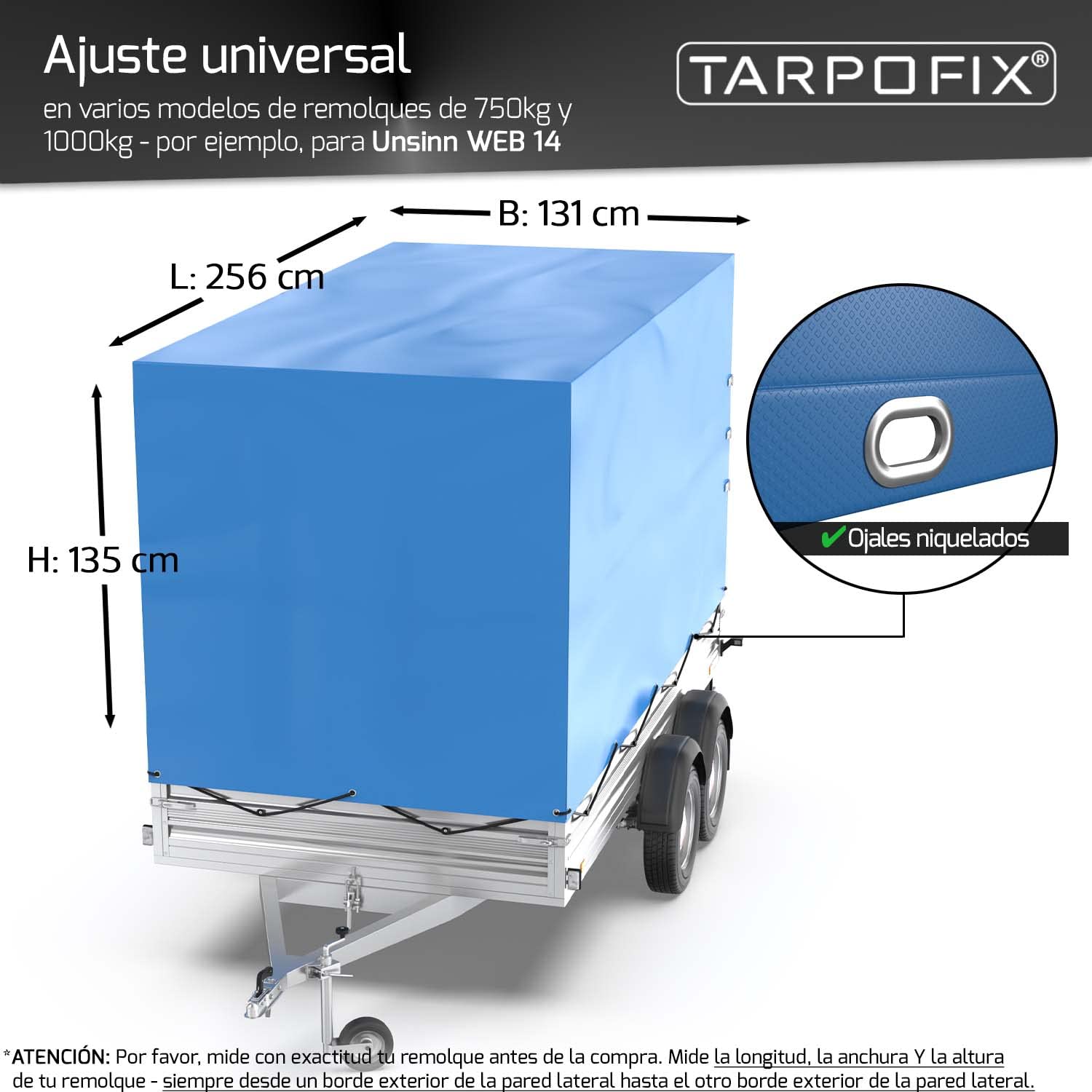 Tarpofix® Cubierta Alta para Remolque 256x131x135 cm con Cuerda – PVC Resistente – Funda Duradera 750kg & 1000kg