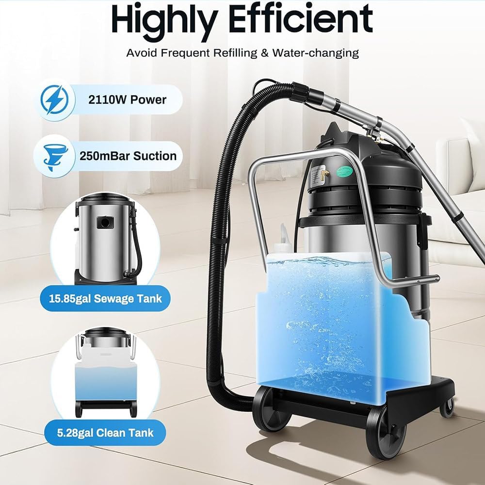 60L Commercial Carpet Cleaner Machine - 2-in-1 Wet & Dry Vacuum Extractor, 2110W Professional Carpet Washing with 6 Suction Tools for Deep Cleaning & Floor Brush Care.
