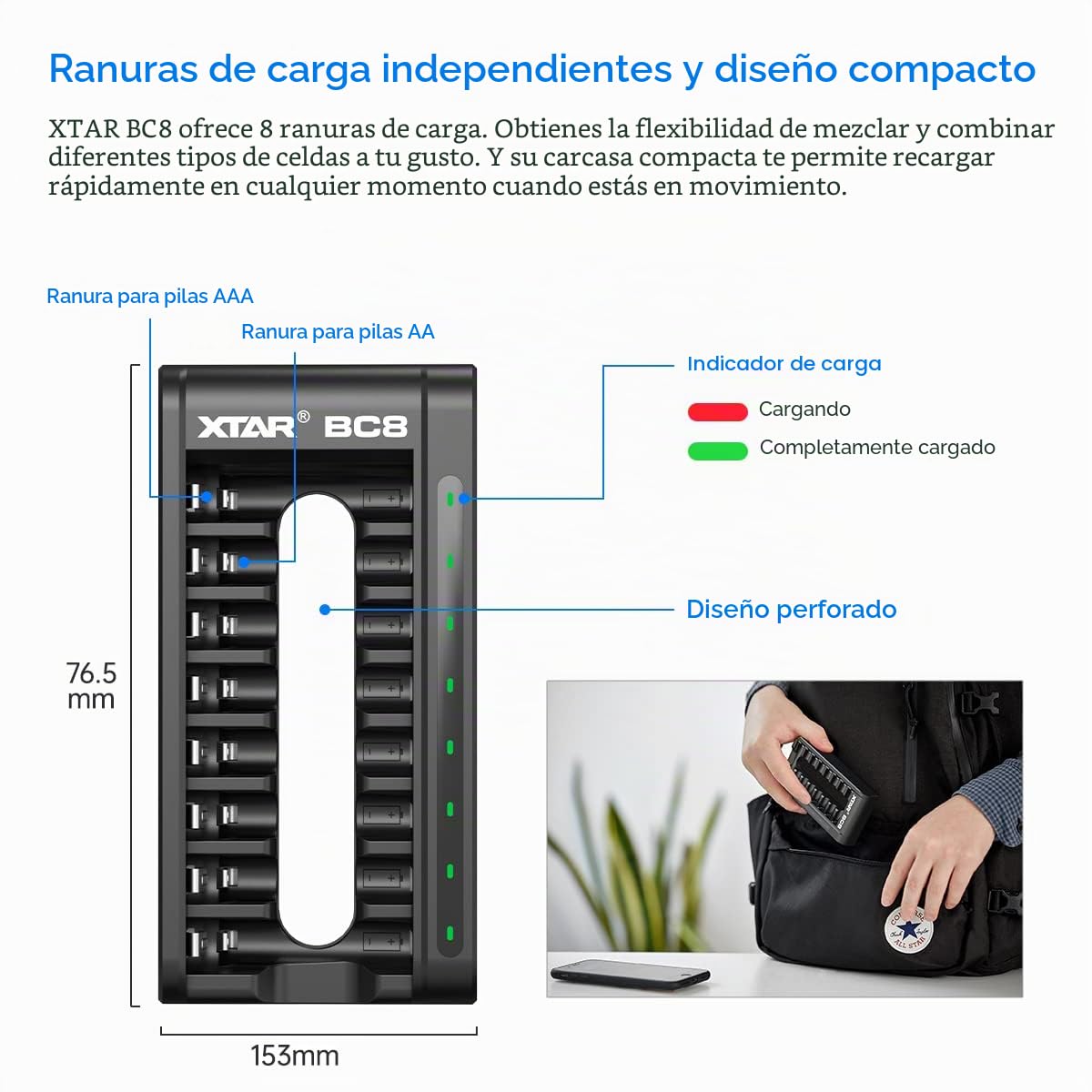 XTAR Pilas AA recargables AA de 4150 mWh1,5 V (8 paquetes de 4150 mWh AA + cargador BC8)