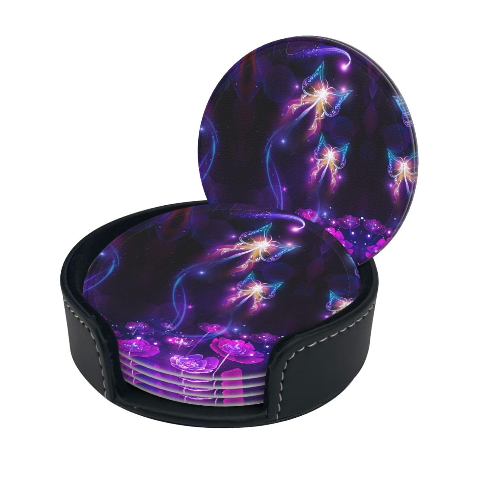 Purple Butterfly Print Round Leather Coasters - Set Of 6, Ultra-Fiber Pu Leather