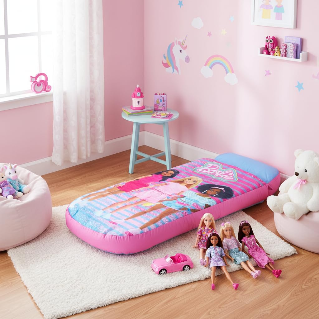 Character World Barbie ReadyBed Kinder Aufblasbares Luftbett und Schlafsack mit Pumpe | Mädchen Reisematratze für Übernachtungen und Camping oder Zuhause