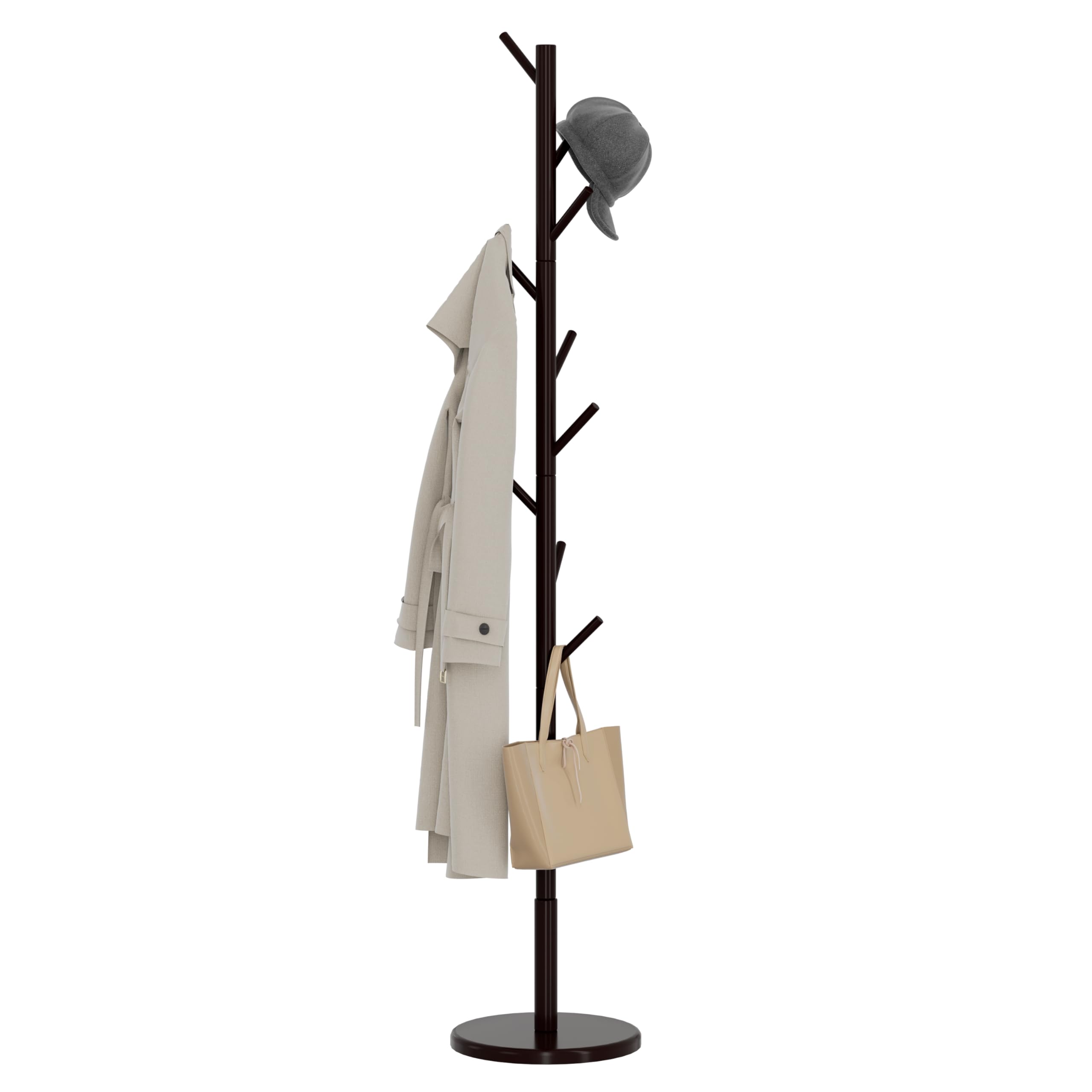 Wooden Freestanding Coat Tree with 4 Height Options and 9 Hooks Sturdy Coat Rack Stand for Clothes Bags