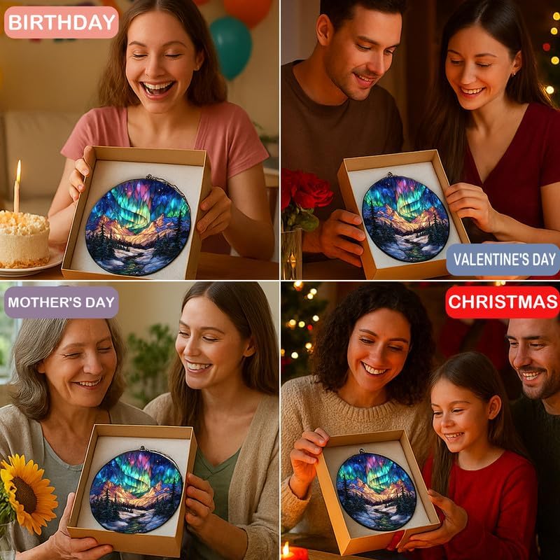 Northern Lights Stained Glass Window Hanging - Sun Catchers Indoor Window Stained Glass Panels Wall Decor for Mom，Wife，Lovers 11.8in