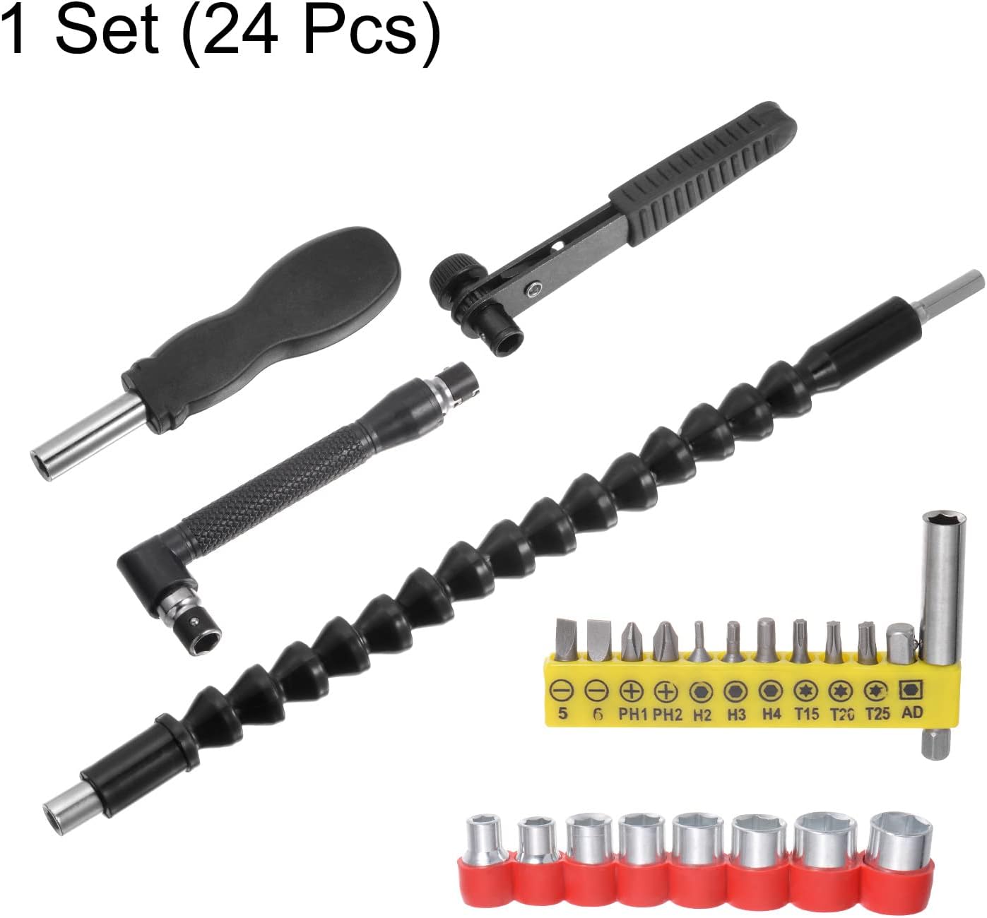 sourcing map Flexible Drill Bit Extension Kits, 24pcs Screwdriver Bit Set 1/4" Hex Shank Screw Driver Kit Handle Tools with Black Flexible Extension Bit Shaft