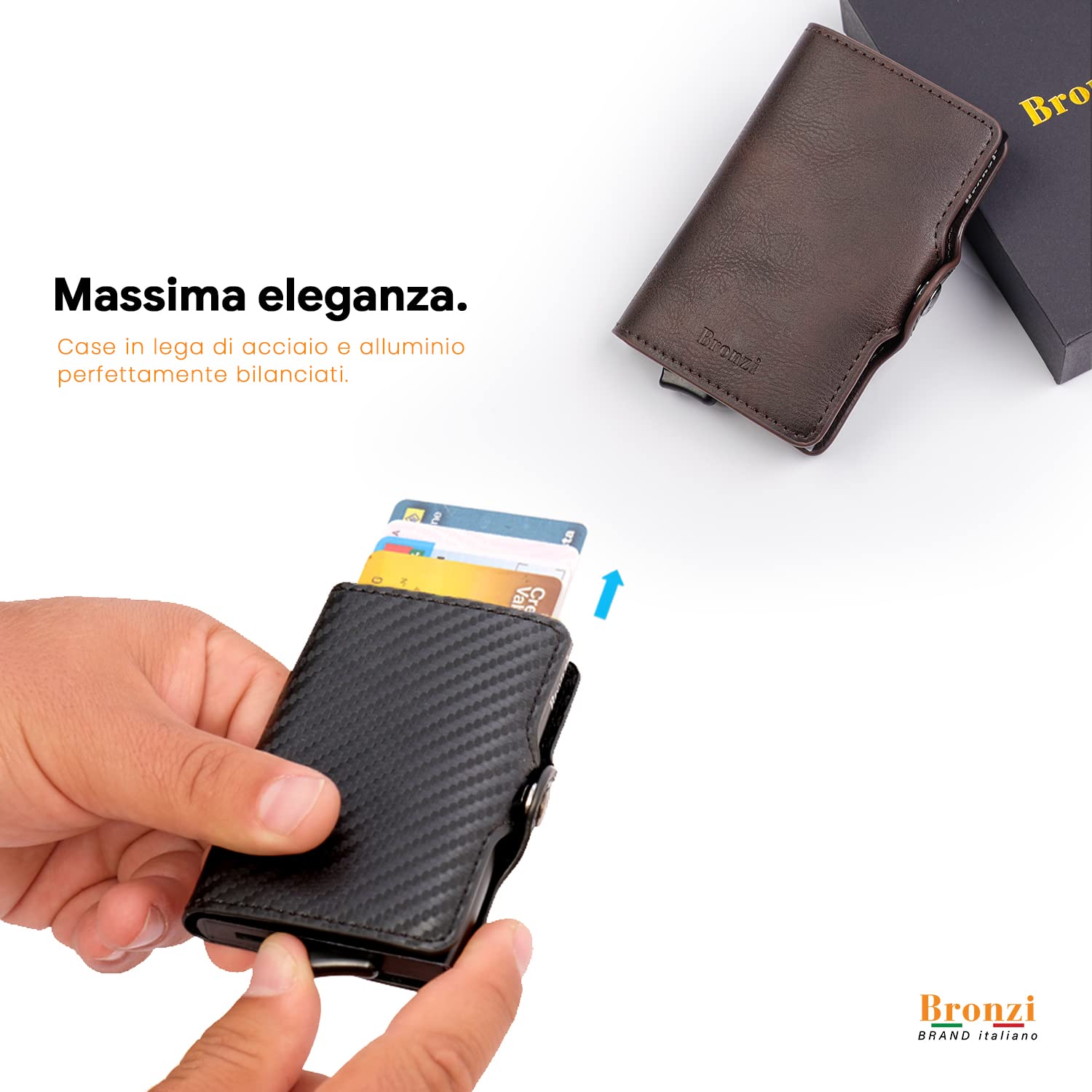 Bronzi Portafoglio Porta Carte Credito - Portafoglio Uomo Donna Slim Portacarte uomo - Mini Porta Tessere - Protezione RFID - Design Smart Italiano Scatola Regalo inculsa (Pelle, Marrone)