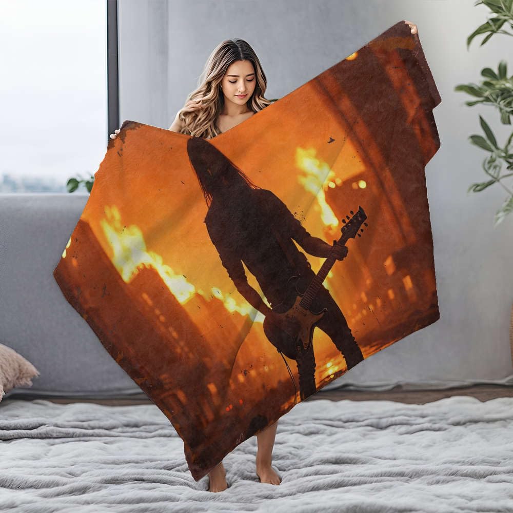 Couverture flanelle 150x200 guitare et paysage de feu pour canapé