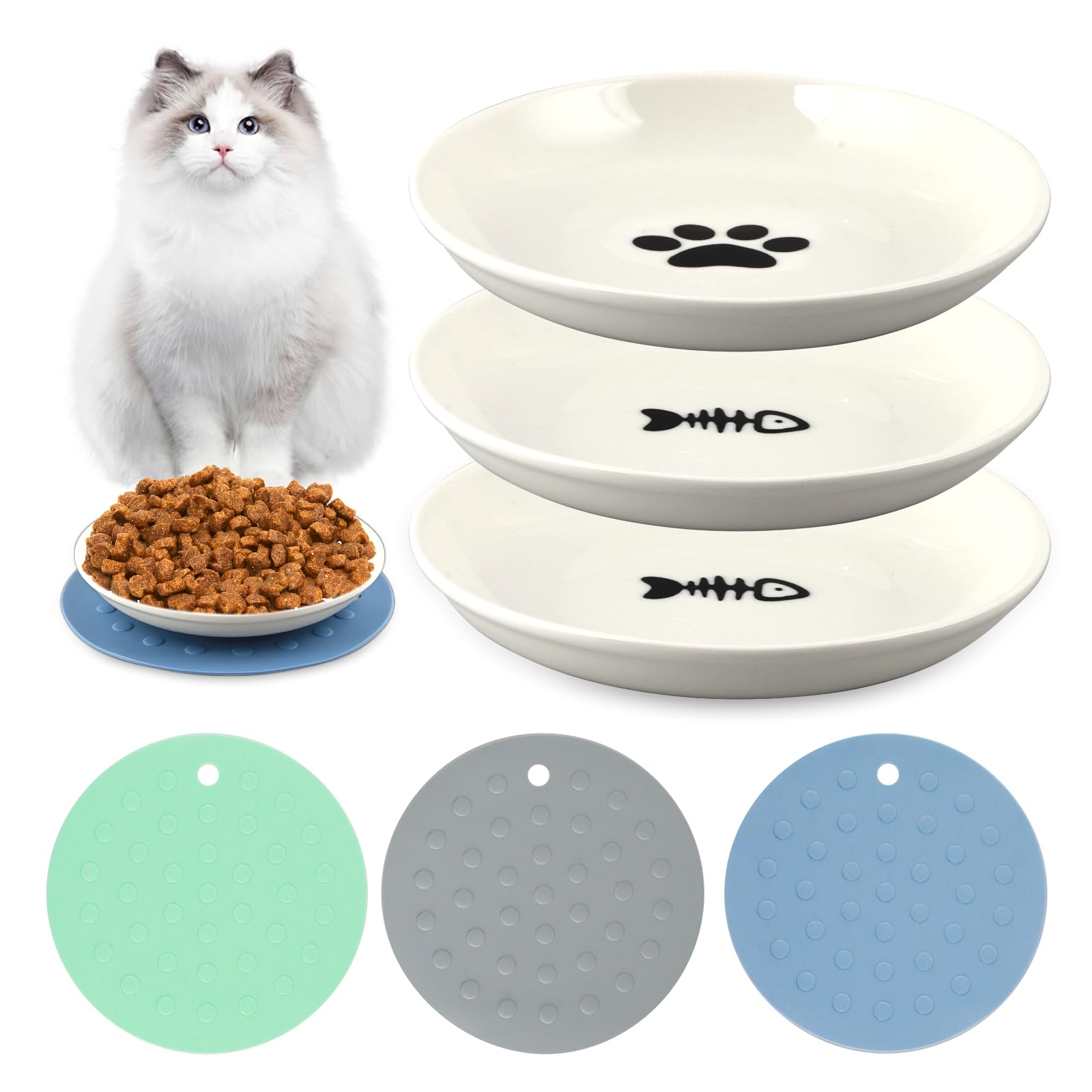 Comedero Gato, 3 Piezas Comedero Gato de Cerámica, Comedero Perro con 3 Alfombrillas Antideslizantes, Plato Comida Gato Plano para Gatos y Perros Pequeños