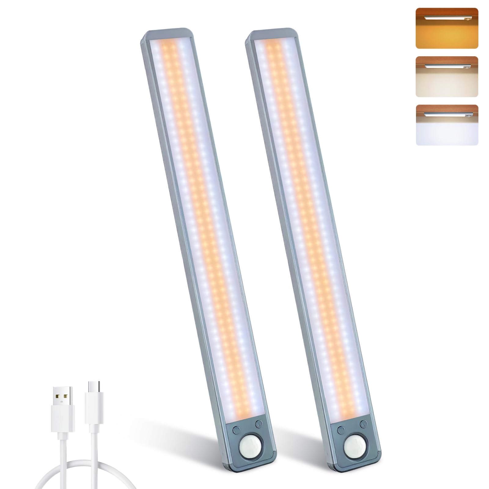 Under Cabinet Light, 35cm Wireless Closet, 3000mAh Rechargeable LED Motion Sensor With 3 Colors, Dimmable Under Counter for Kitchen Wardrobe Cupboard, 2 Pack