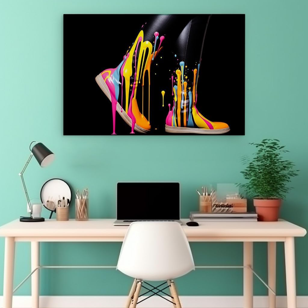 Canvas for Living room. Vibrant Rebellion: Playful Paint-Splattered Shoes Meet Sleek Leather Trousseau, 27 x 18 inch Canvas Wall Art - Nature Home Decor - 69x46 cm (27x18 inch)