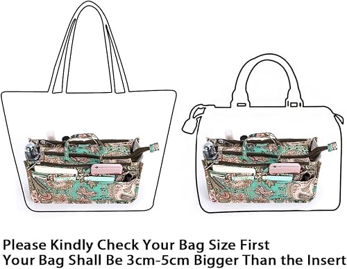 Miniatura 6 de BTSKY Organizador de bolso de mano de impresión dentro del bolso, alta capacidad, 13 bolsillos, organizador con asa, flor de pavo real