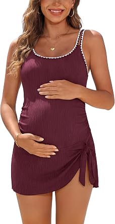 SHEKINI Ribbed Maternity One Piece Swim Dress Pregnancy Bathing Suit