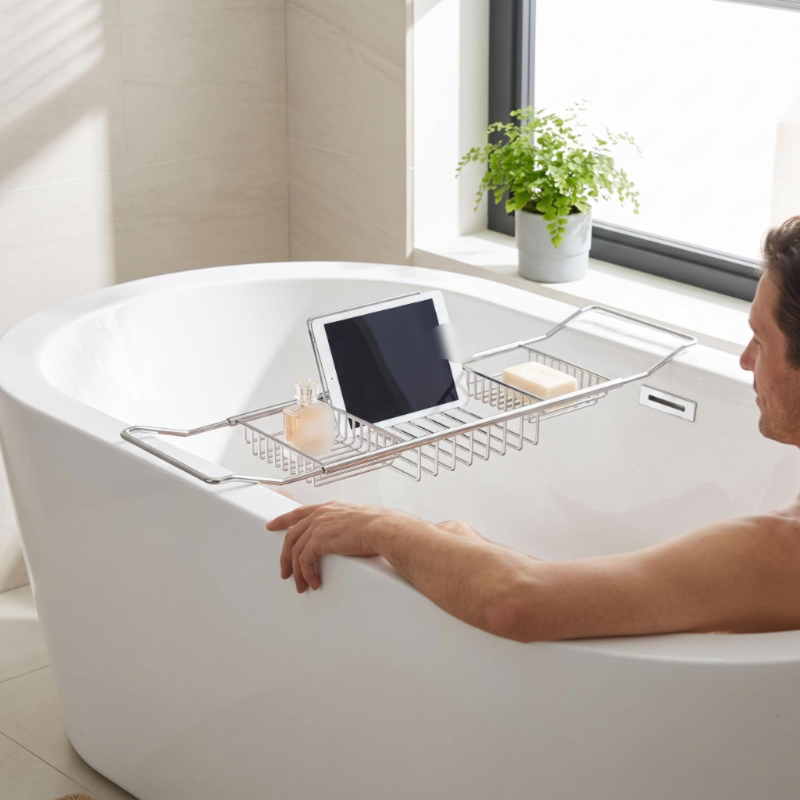 Mensola Bagno Vassoio Vasca Organizer Supporto Allungabile in Acciaio Inossidabile con Portasapone Portashampoo, Cromato, Moderno Semplice