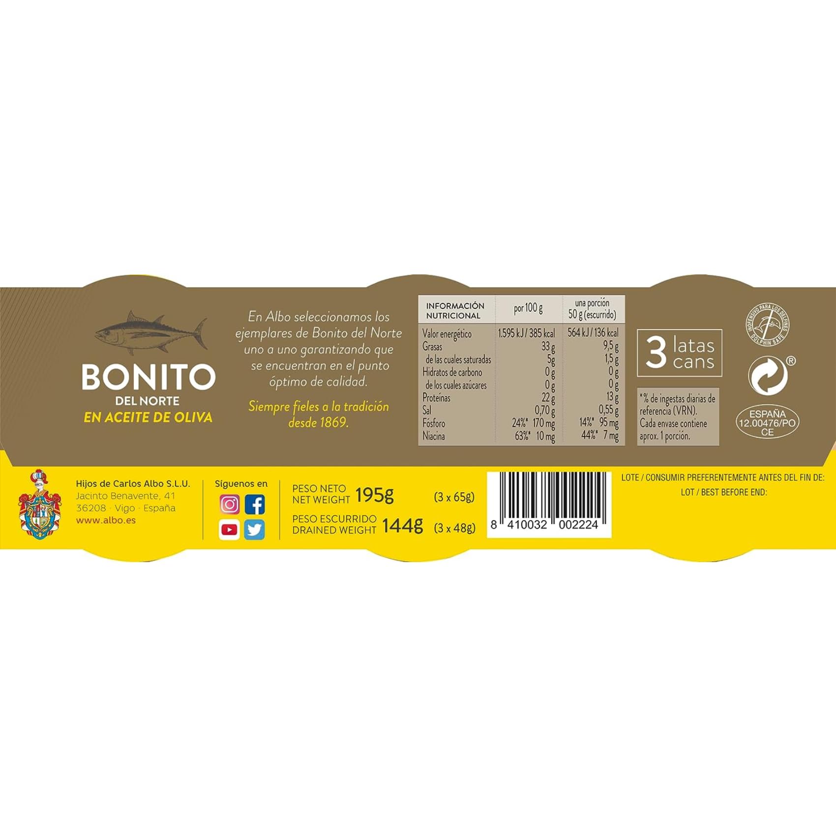 Albo Conserva de Bonito del Norte en Aceite de Oliva, Pack 3 Latas x 65 g