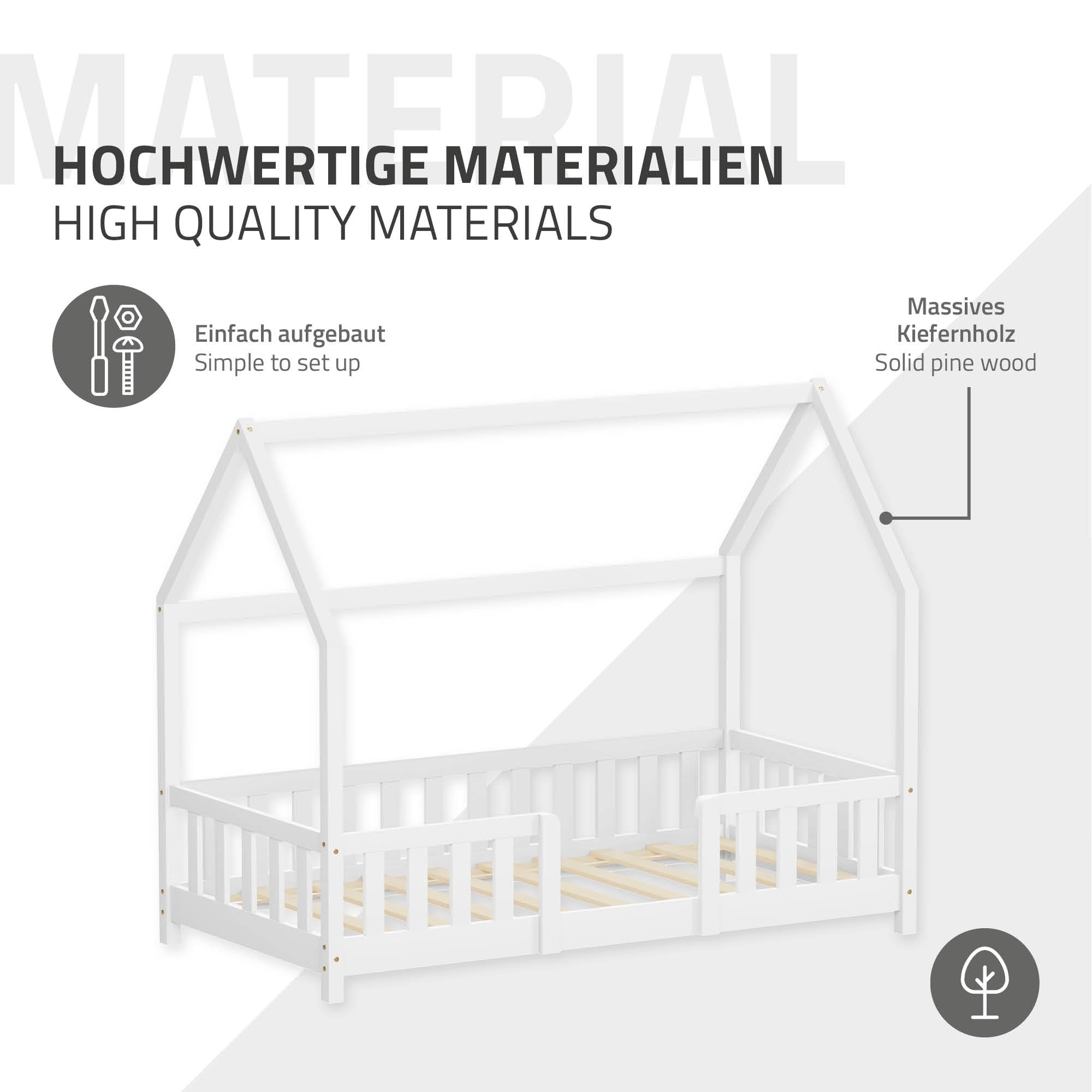 ML-Design Kinderbett Hausbett 80x160 cm mit Rausfallschutz, Dach & Lattenrost, Weiß, Bettgestell aus massivem Kiefernholz, Montessori Bodenbett, Holzbett für Mädchen & Jungen, Jugendbett, Einzelbett