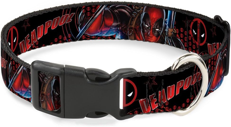 Buckle-Down Deadpool/Action Pose/Logo2 Plastic Clip Collar, Wide Large/18-32