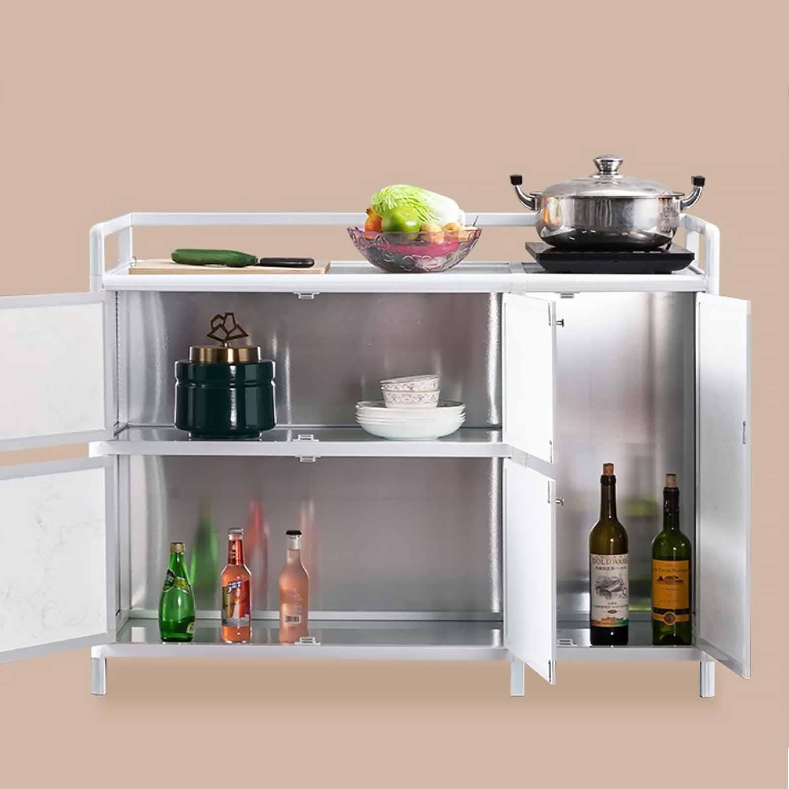 Buffet Cuisine Multifonction Aluminium Blanc Niveaux Verre Trempé Rangement