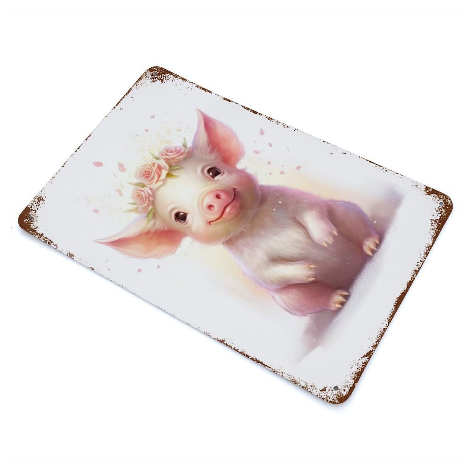 Rust Effect Watercolor Baby Pig Piglet Weathered Tin Sign 11.8"x7.9", Farmhouse Wall Decor for Farmhouse, Kitchen And Entryway Decor