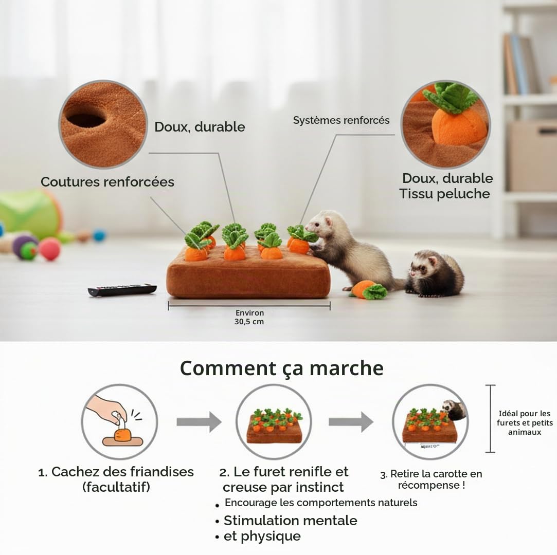 Tapis à renifler interactif pour Furet - Jouet d'enrichissement de friandises pour Petits Animaux, Lapin, Chinchilla, Cochon d'Inde, Hamster (12 Carotte)