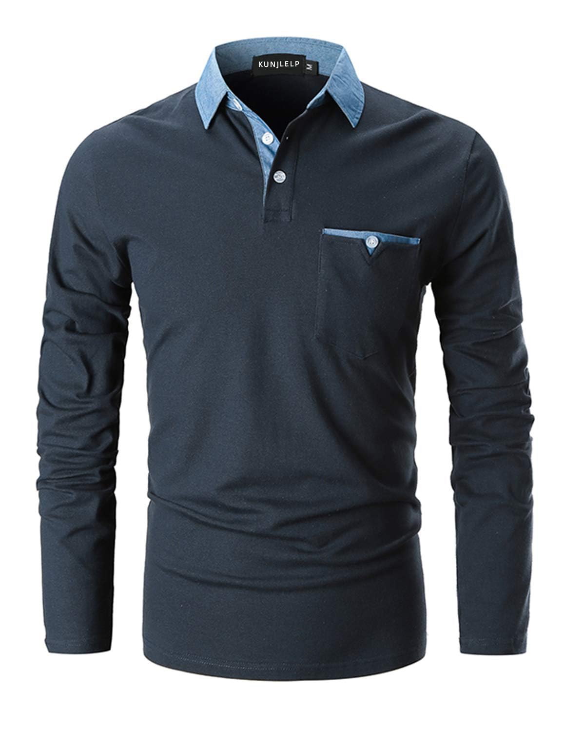 KUNJLELP Polo Camicia Uomo Manica Lunga Maglietta con Colletto in Denim Casuale Cotton Inverno Golf T-Shirt