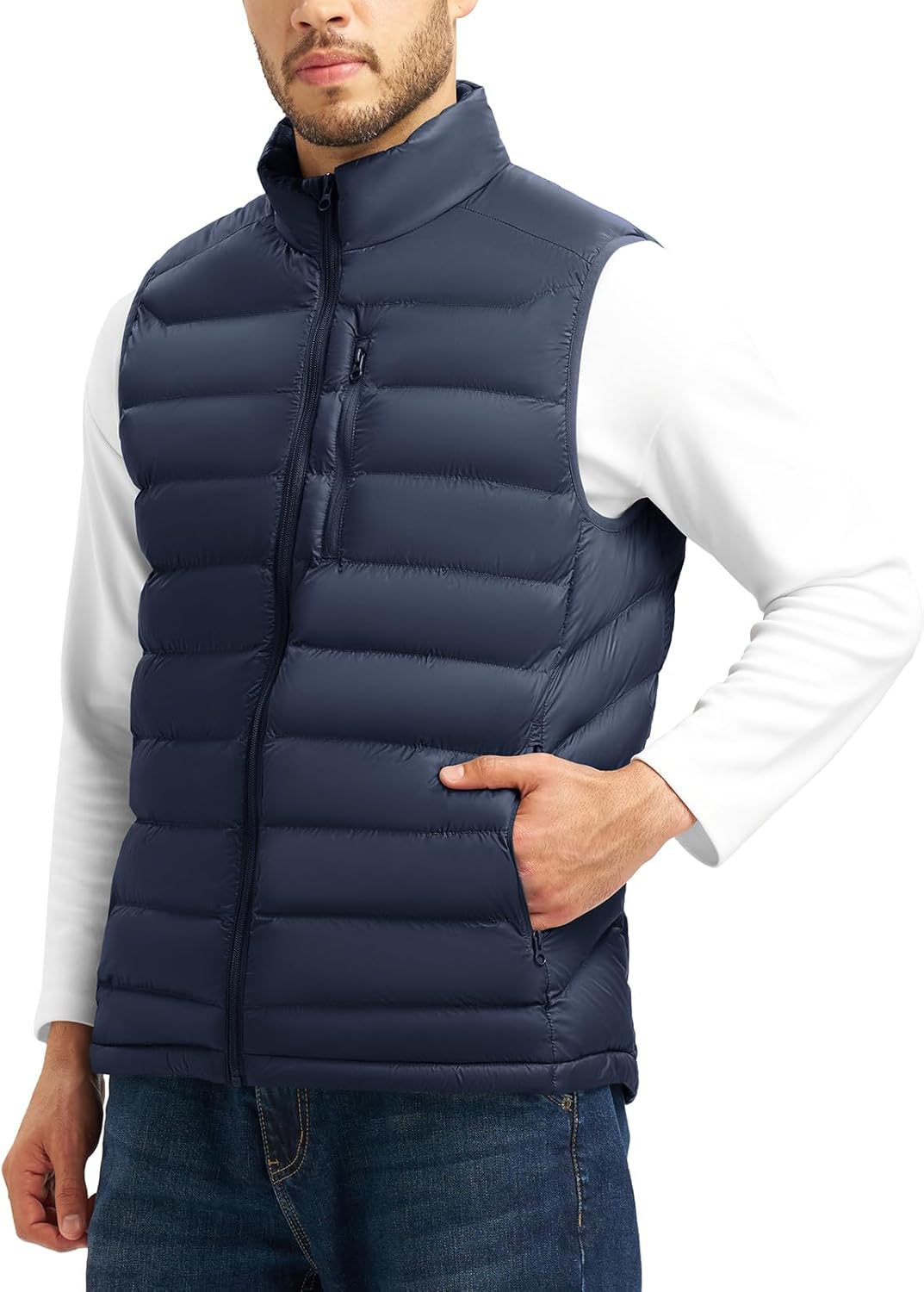 TBMPOY Men's Lightweight Puffer Vest Outerwear Puffy Winter Warm Zipper Outdoor Sleeveless Jacket for Running Travel